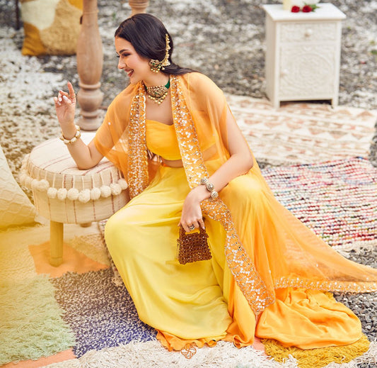 Yellow Ombré Co-ord Set with Embroidered Cape| Indian Designer Wear