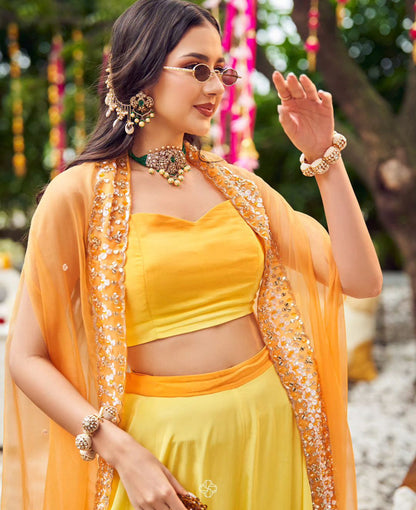 Yellow Ombré Co-ord Set with Embroidered Cape| Indian Designer Wear