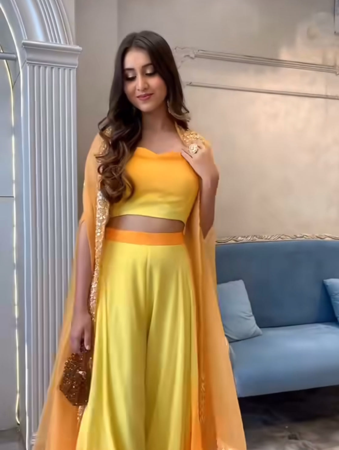 Yellow Ombré Co-ord Set with Embroidered Cape| Indian Designer Wear