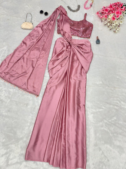 Mauve Nude Cocktail Saree - Ready to Wear