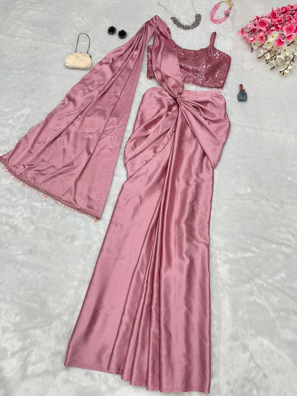 Mauve Nude Cocktail Saree - Ready to Wear