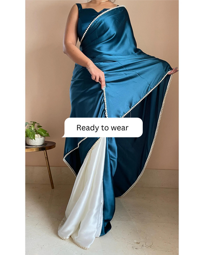 Larkspur Blue Two in One Satin Saree - Ready to Wear