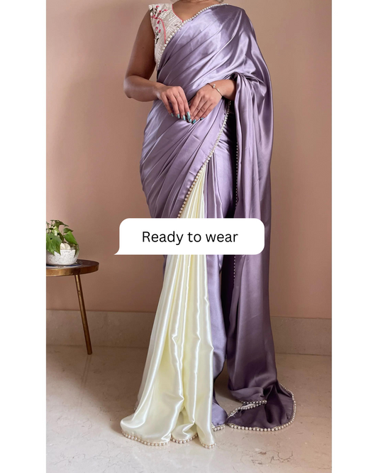 Lavender Two in One Satin Saree - Ready to Wear