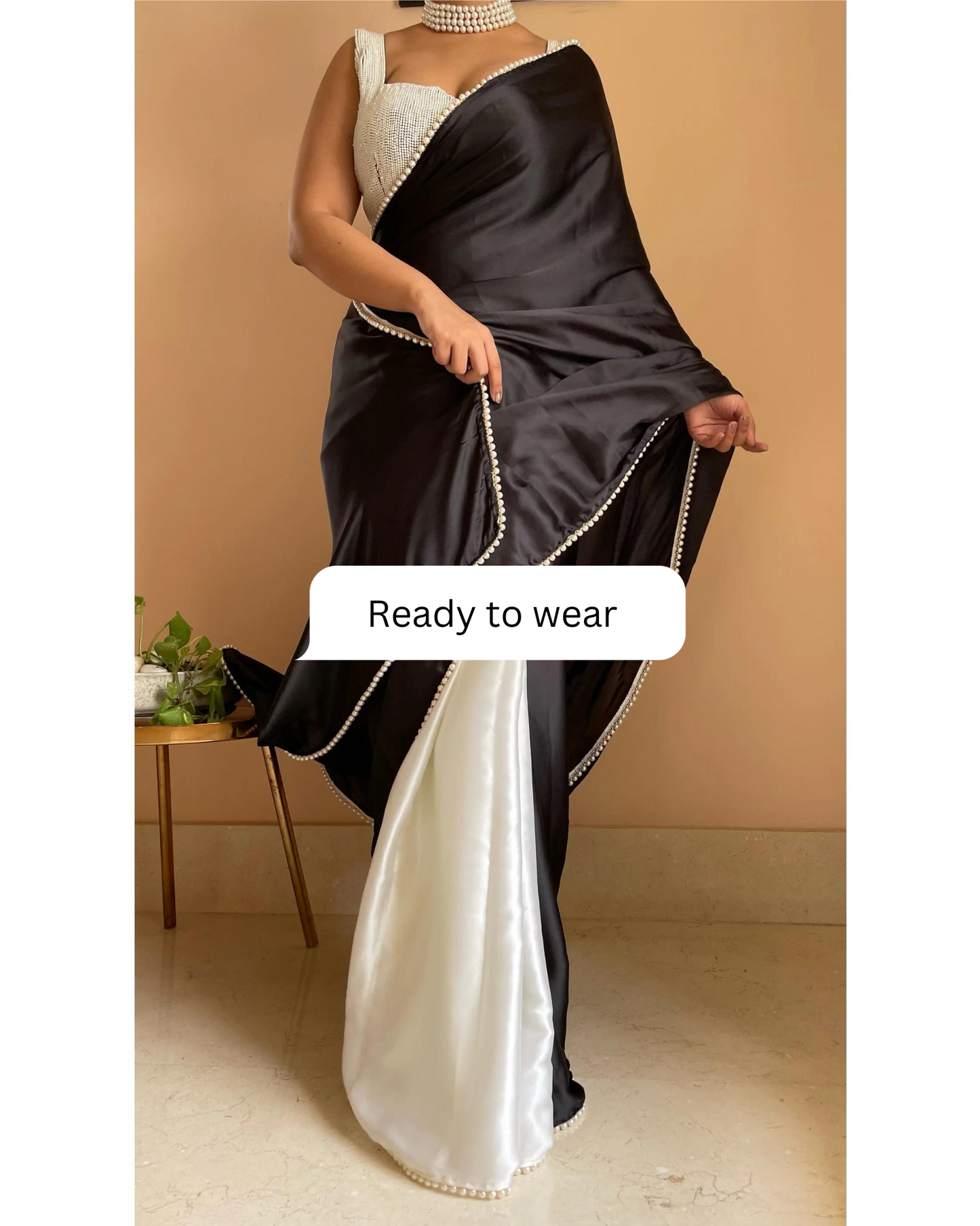 Black and White Two in One Satin Saree - Ready to Wear