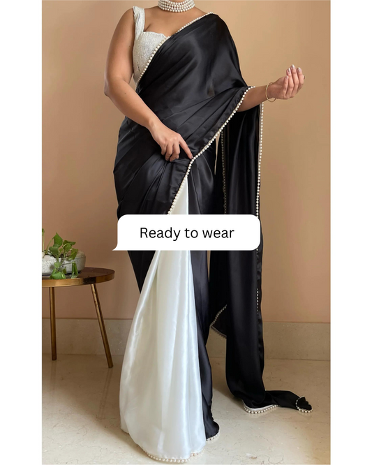 Black and White Two in One Satin Saree - Ready to Wear