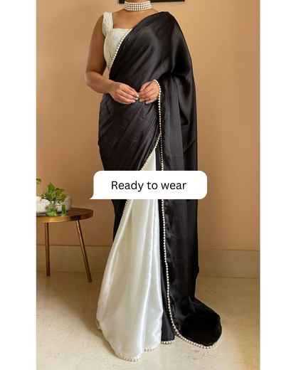 Black and White Two in One Satin Saree - Ready to Wear