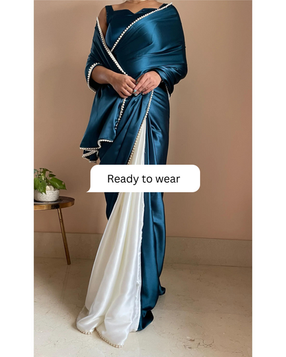 Larkspur Blue Two in One Satin Saree - Ready to Wear