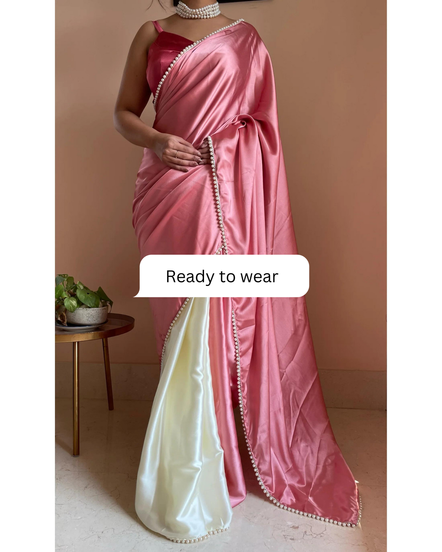 Strawberry Vanilla Two in One Satin Saree - Ready to Wear