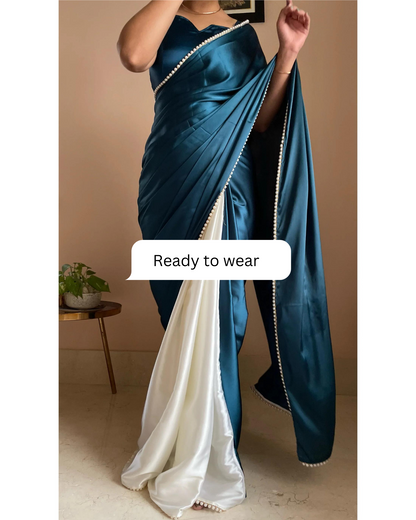 Larkspur Blue Two in One Satin Saree - Ready to Wear