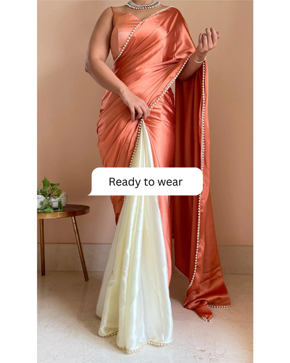 Peach Milk Two in One Satin Saree - Ready to Wear