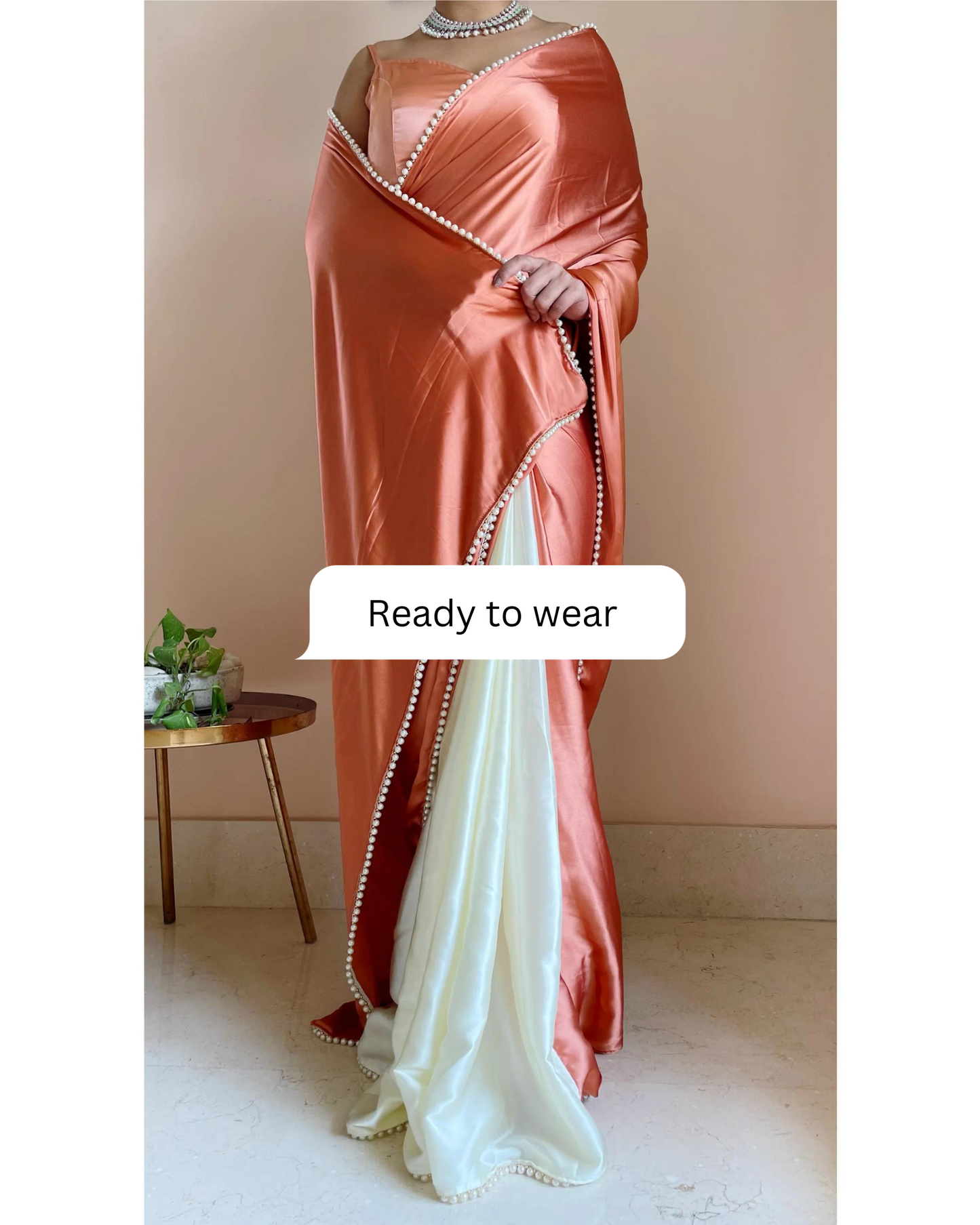 Peach Milk Two in One Satin Saree - Ready to Wear