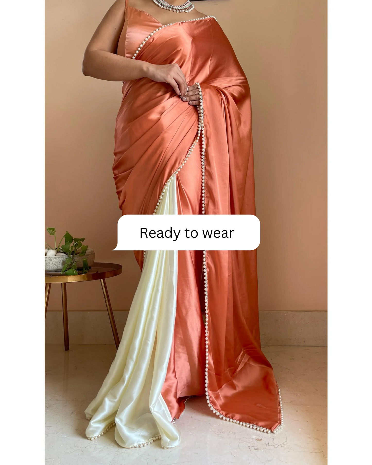 Peach Milk Two in One Satin Saree - Ready to Wear