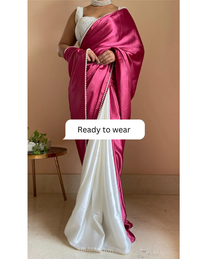 Pink Carnations Two in One Satin Saree - Ready to Wear