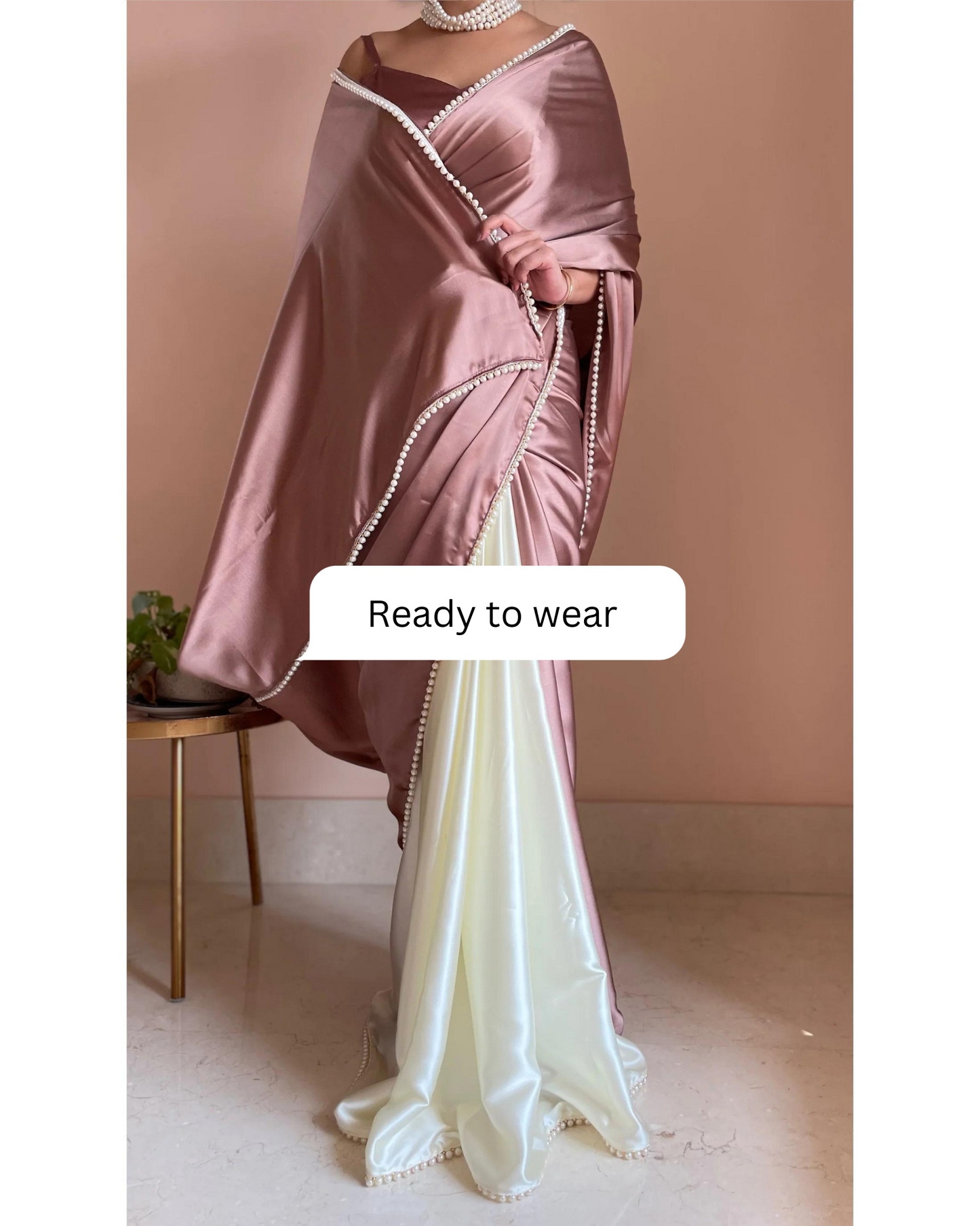 Rose Gold Two in One Satin Saree - Ready to Wear