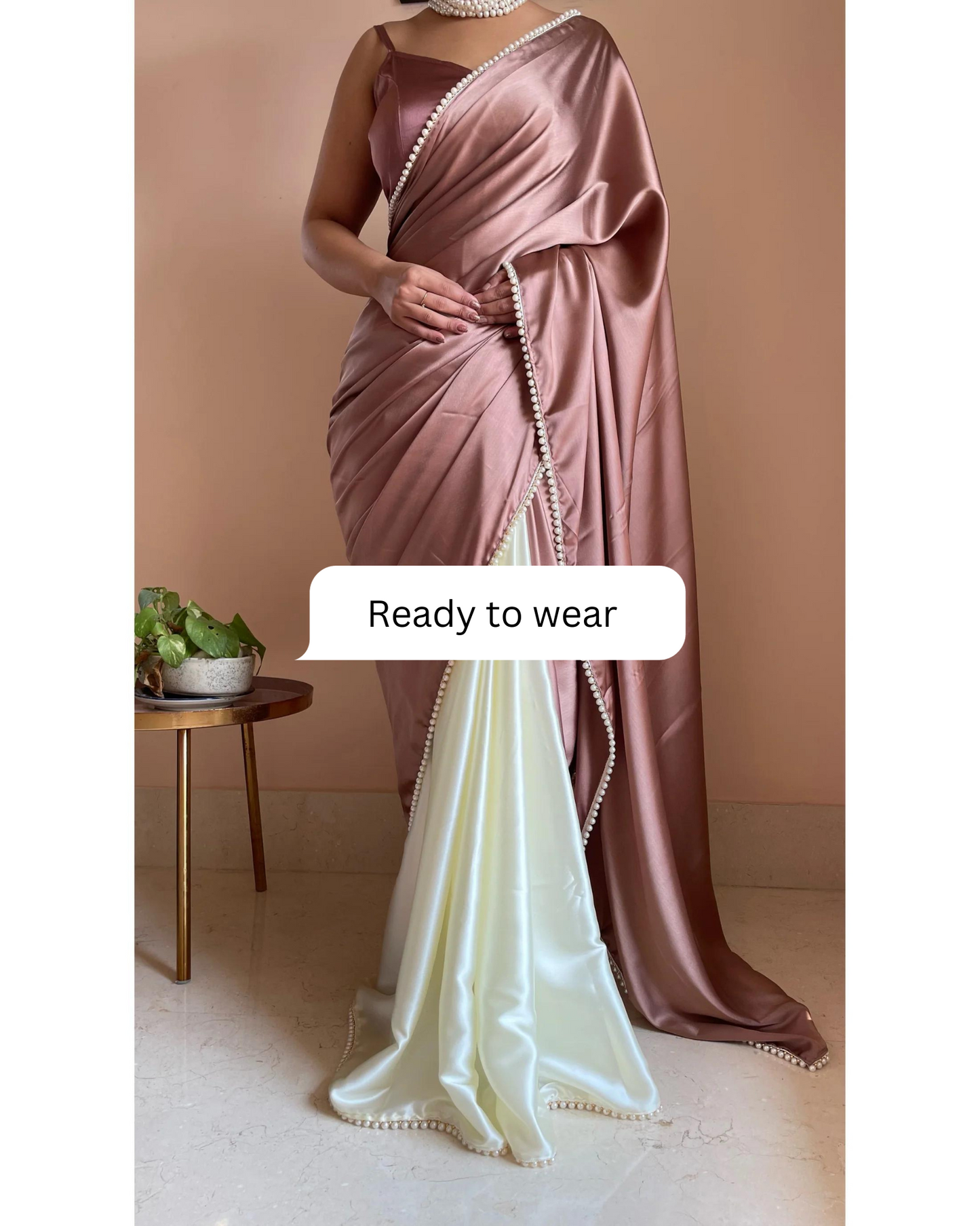 Rose Gold Two in One Satin Saree - Ready to Wear