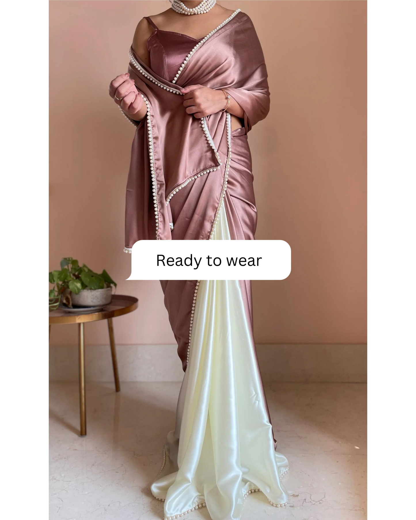 Rose Gold Two in One Satin Saree - Ready to Wear