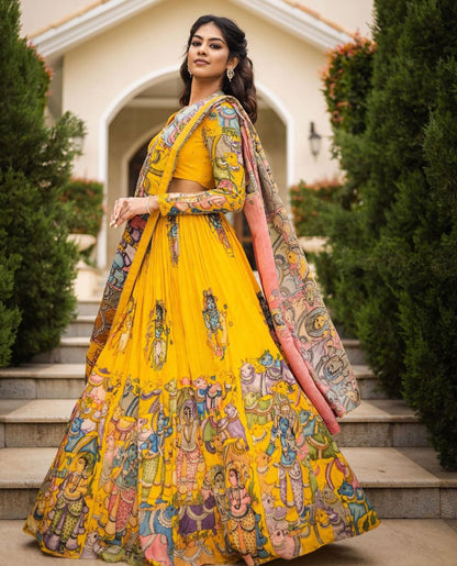 The Cows of Vrindavan - Yellow Kalamkari Lehenga with duppatta