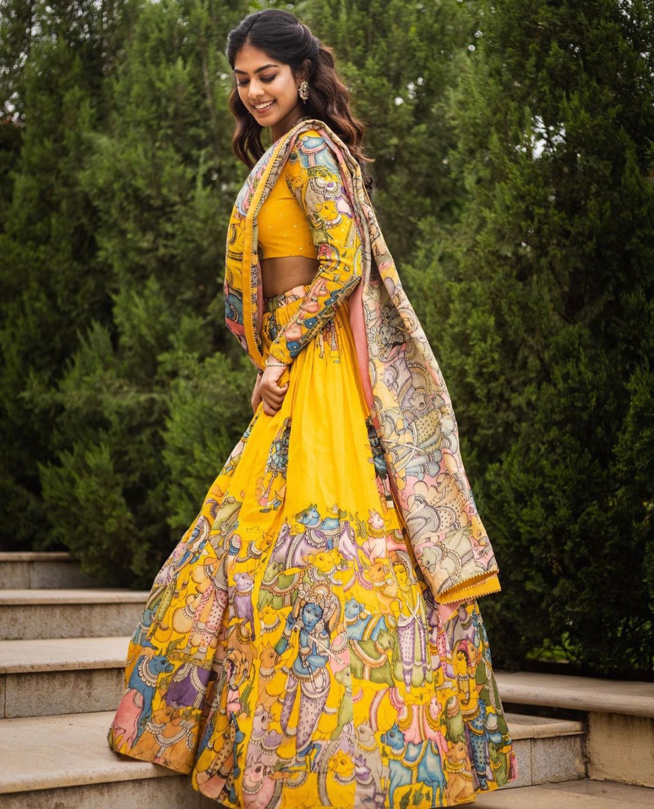 The Cows of Vrindavan - Yellow Kalamkari Lehenga with duppatta