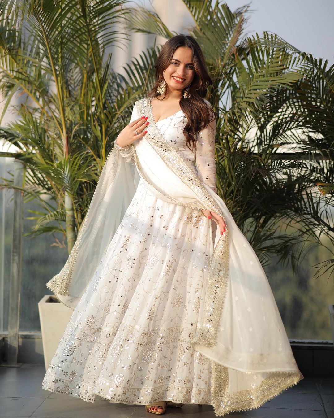 Embellished White Anarkali Set with Embroidery Work