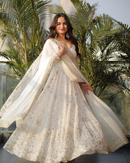 Embellished White Anarkali Set with Embroidery Work