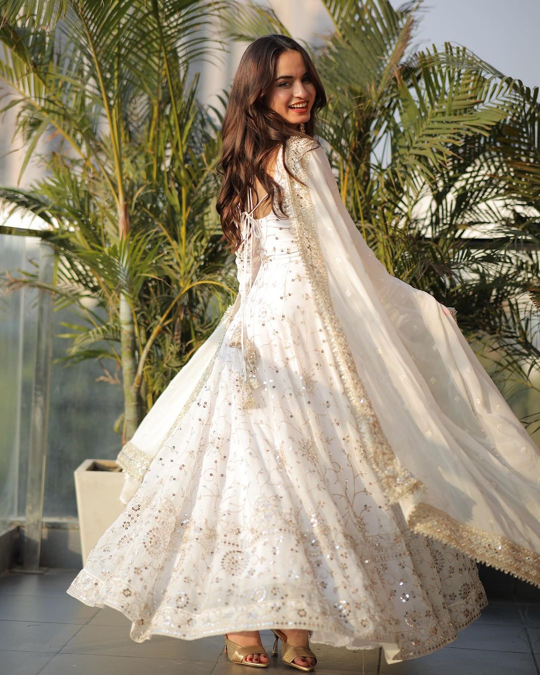 Embellished White Anarkali Set with Embroidery Work