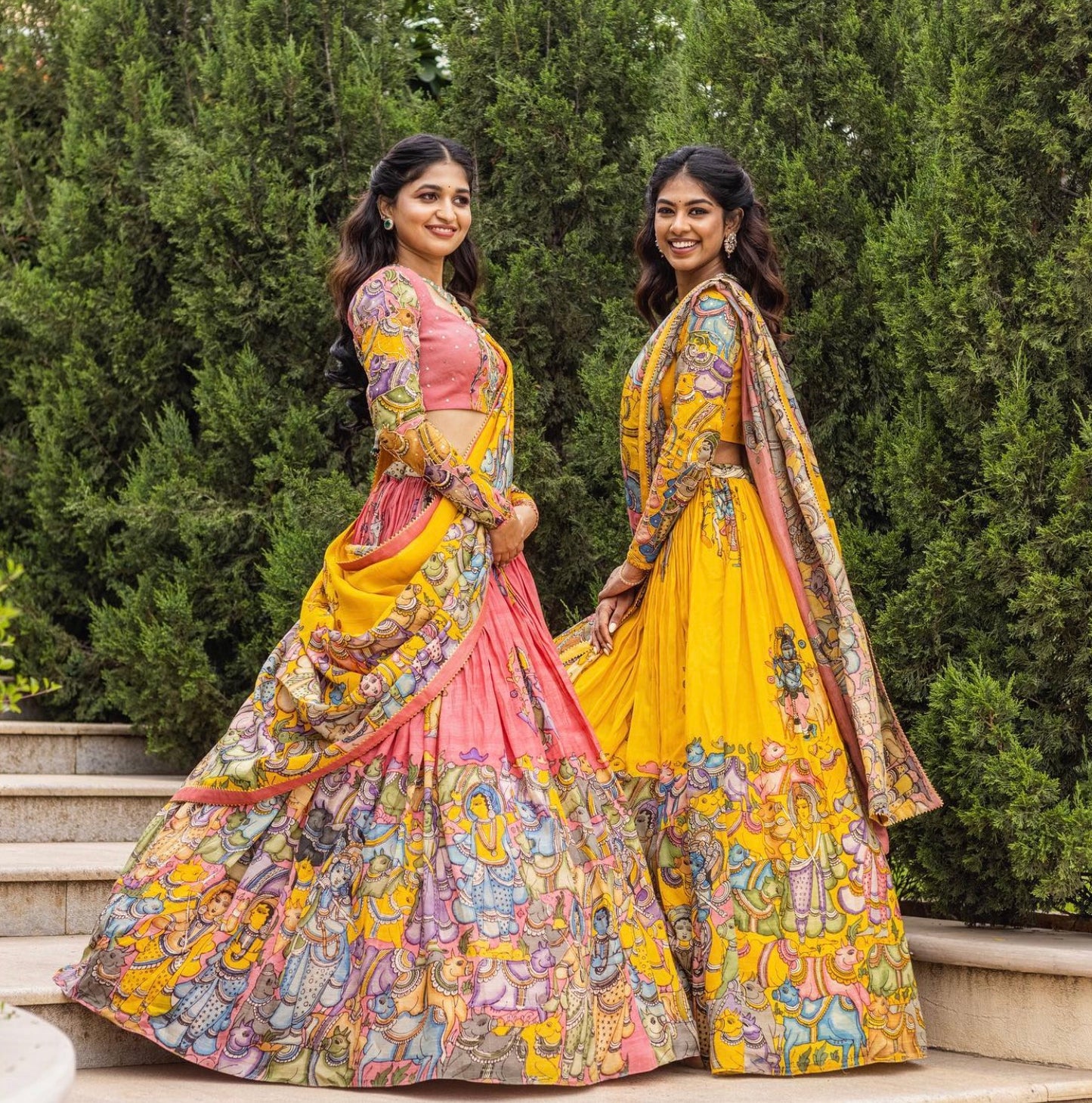 The Cows of Vrindavan - Yellow Kalamkari Lehenga with duppatta