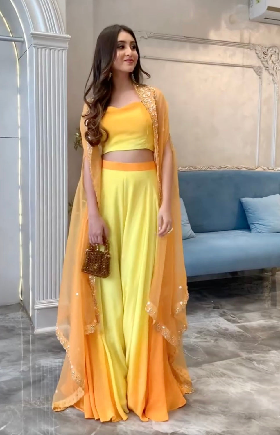 Yellow Ombré Co-ord Set with Embroidered Cape| Indian Designer Wear