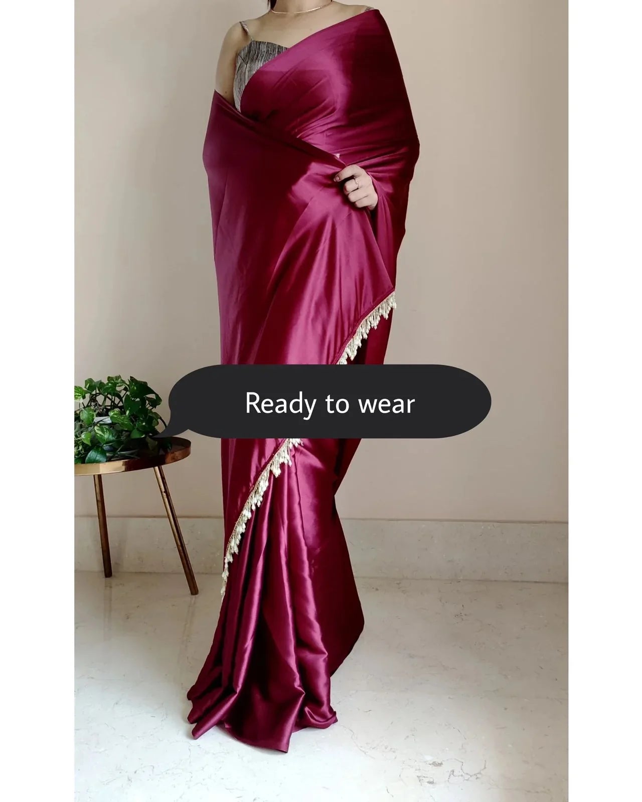 Cherry Wine Ready to Wear Satin Silk Saree With Handmade Tassels On Pallu