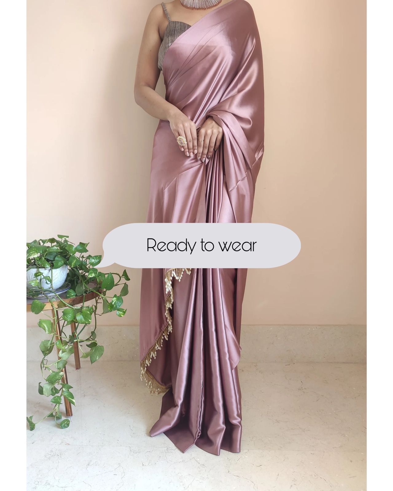 1-MIN READY TO WEAR Rose Gold Satin Silk Saree With Handmade Tassels On Pallu