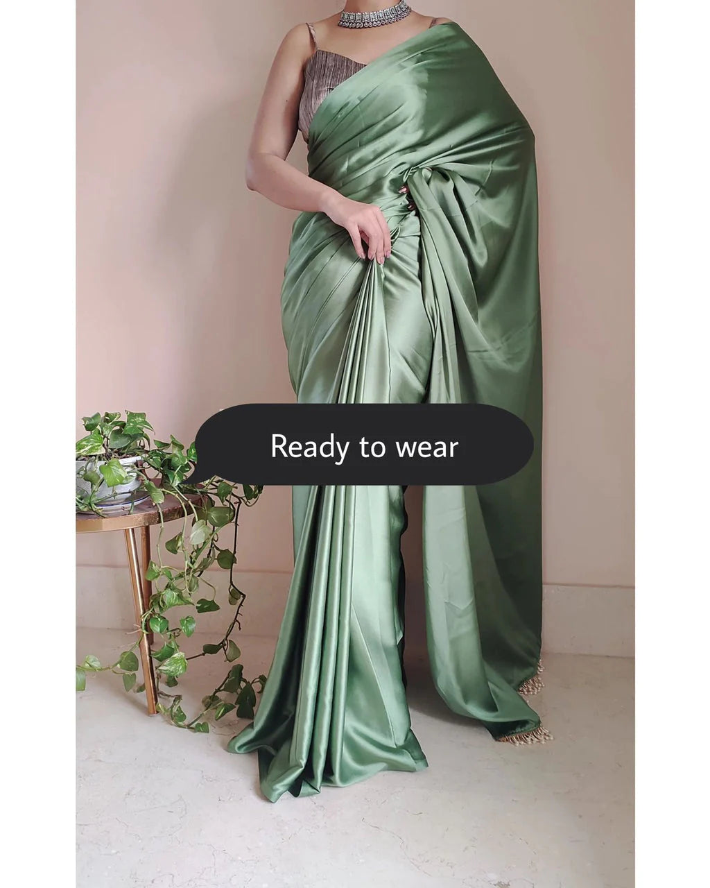 Moss Green Ready to Wear Satin Silk Saree With Handmade Tassels On Pallu