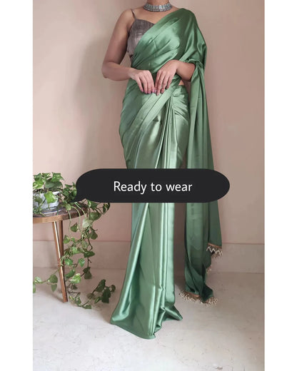 Moss Green Ready to Wear Satin Silk Saree With Handmade Tassels On Pallu