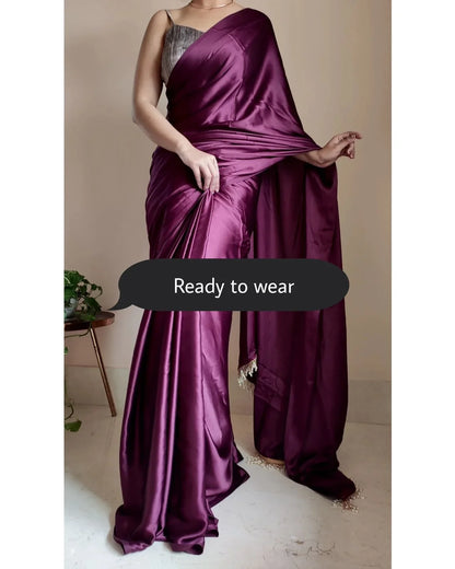 Dark Eggplant Wine Ready to Wear Satin Silk Saree With Handmade Tassels On Pallu