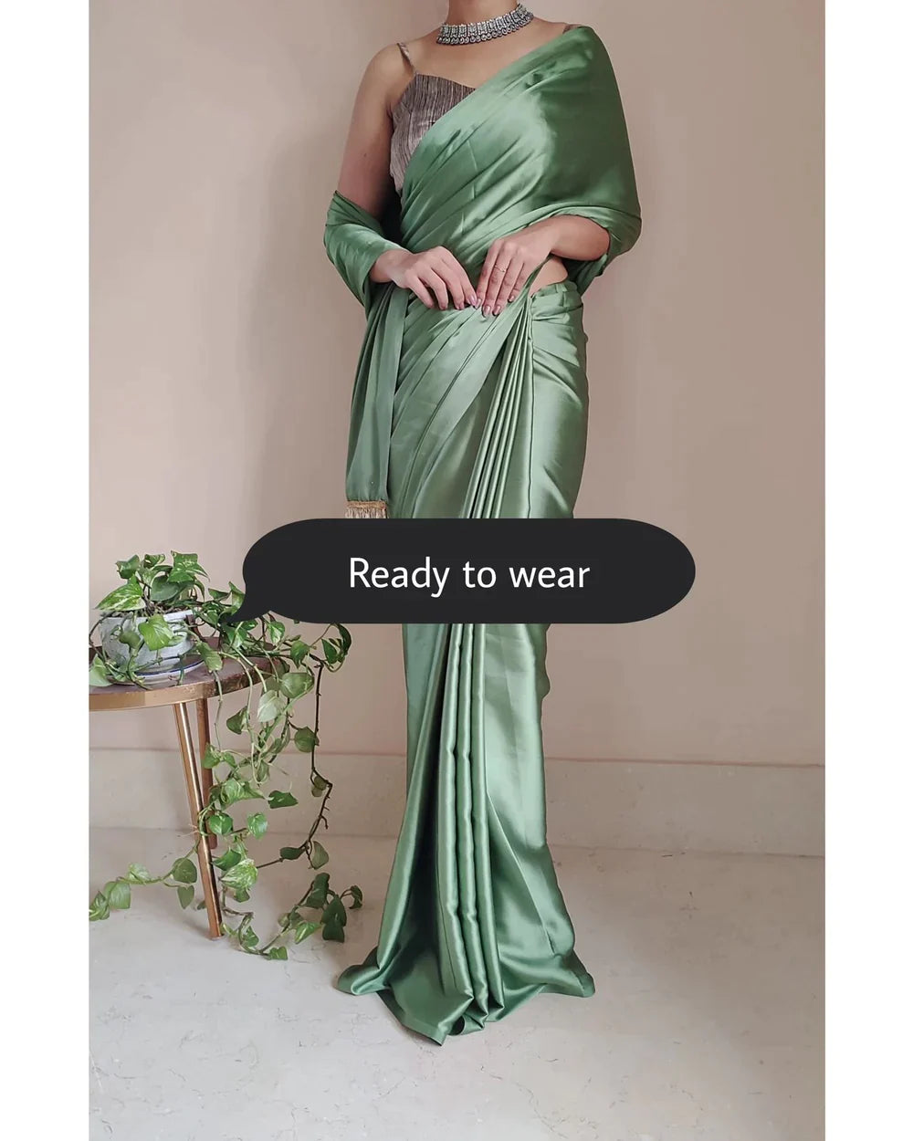 Moss Green Ready to Wear Satin Silk Saree With Handmade Tassels On Pallu