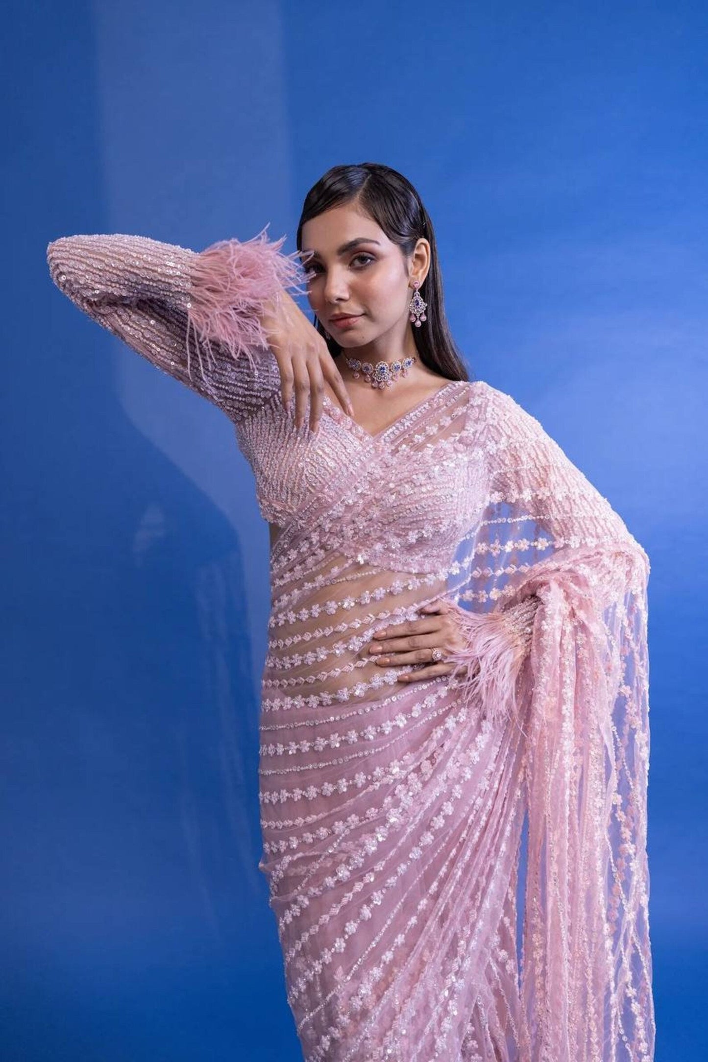 Blush Pink Saree with Sequence Embroidery Work