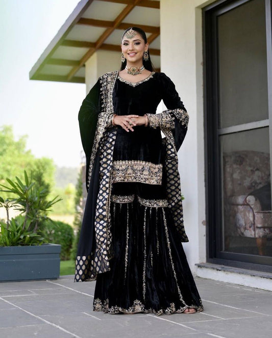 Premium Black Velvet Sharara Suit - Full Stitched