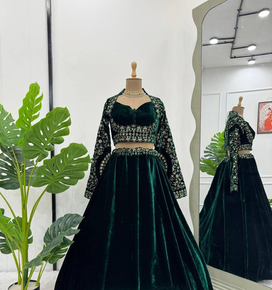 Green Velvet Viscose Lehenga with Golden Thread Work