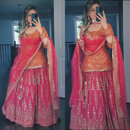 Pink Orange Party Wear Lehenga with Dupatta