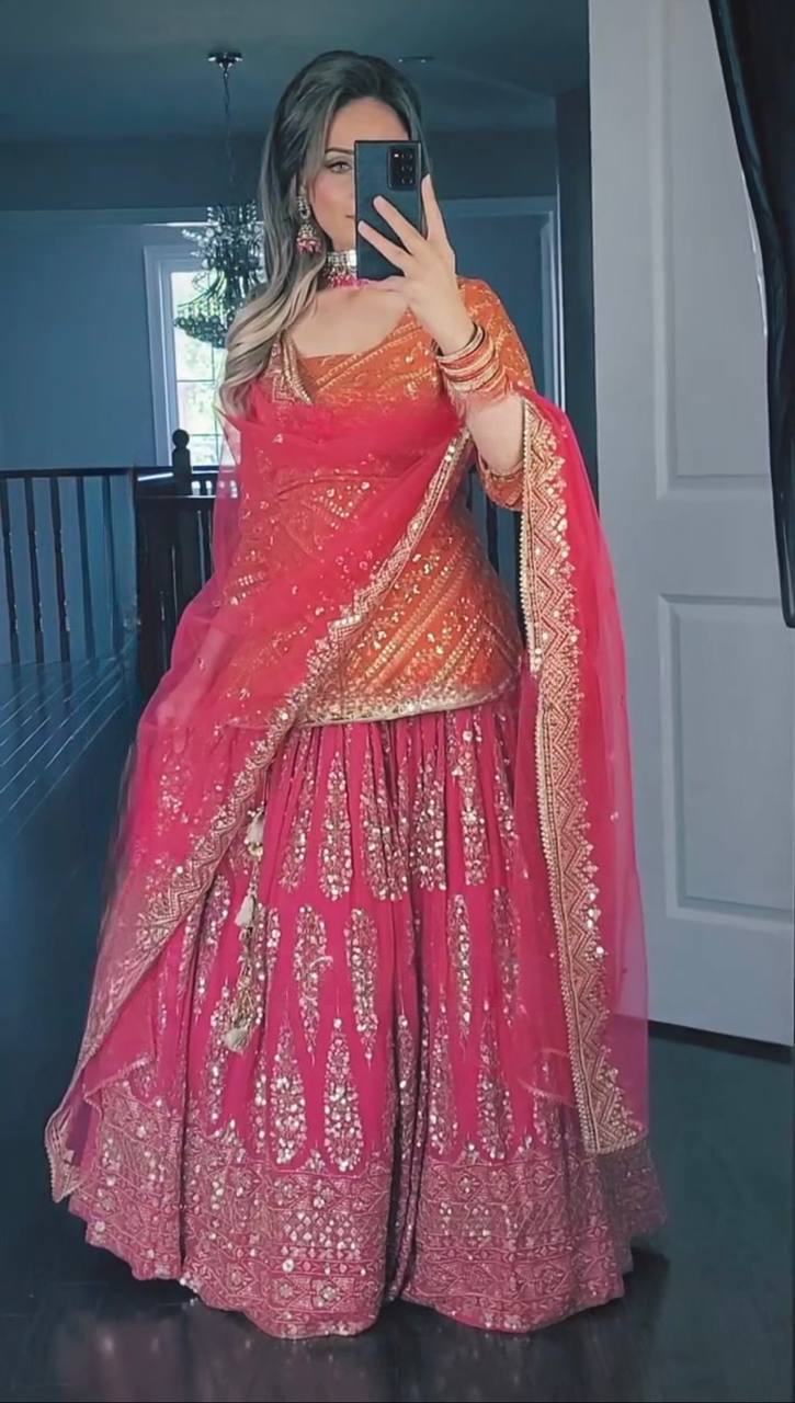 Pink Orange Party Wear Lehenga with Dupatta