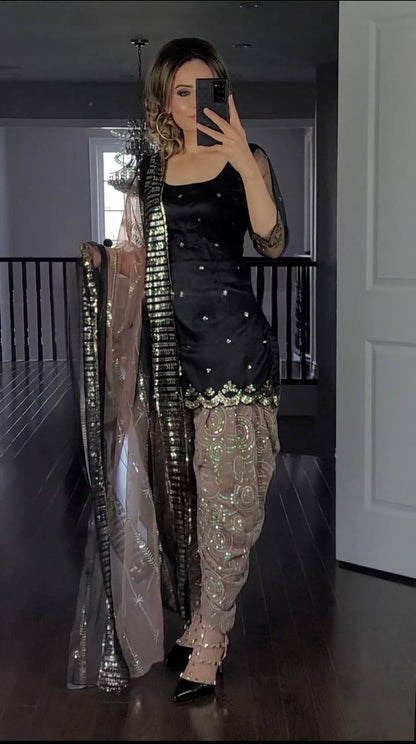 Black Golden Designer Party Wear Dhoti Salwar with Dupatta